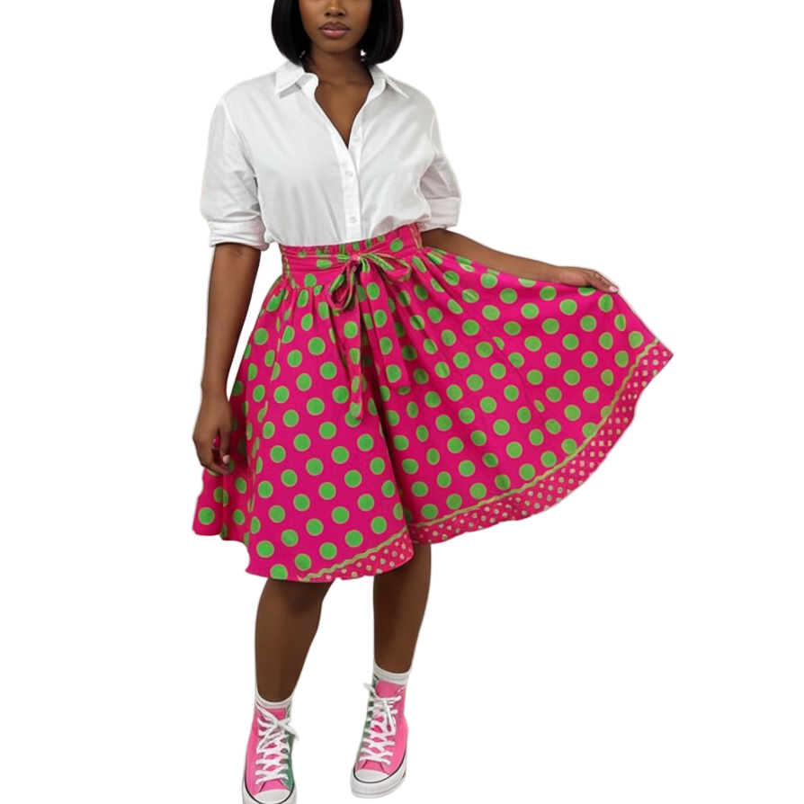 Woman wearing a white shirt and pink polka dot skirt in an art gallery.