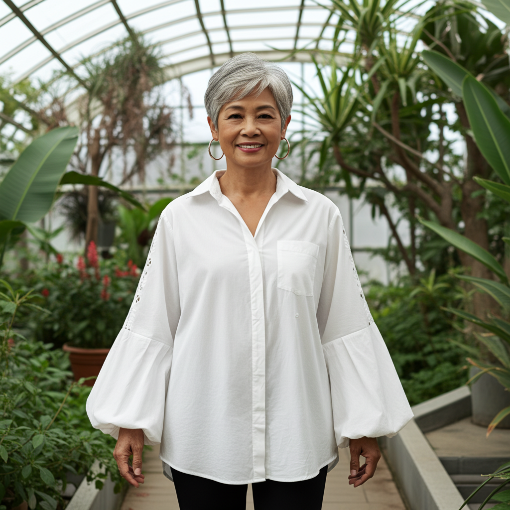 Woman in a white shirt standing in a greenhouse filled with plants