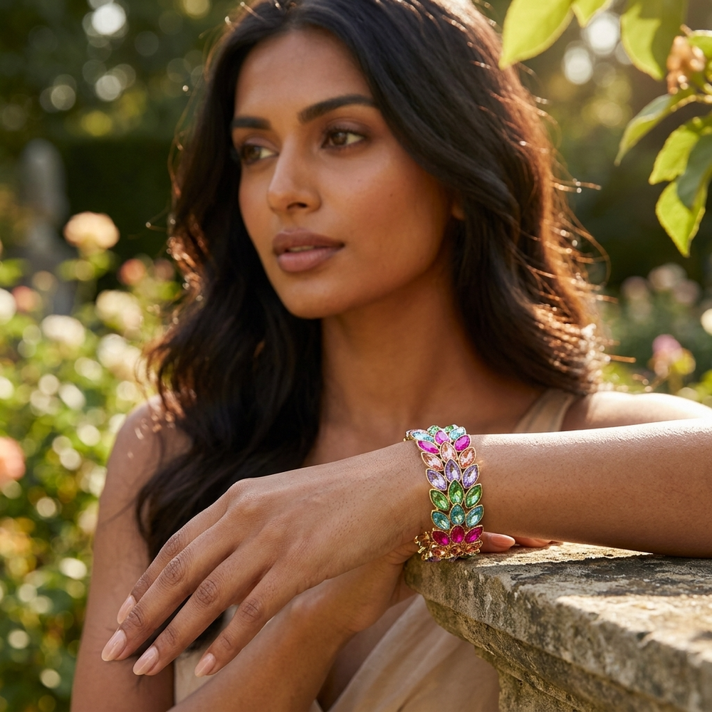 Pulsera elástica de noche con tres filas de piedras marquesas