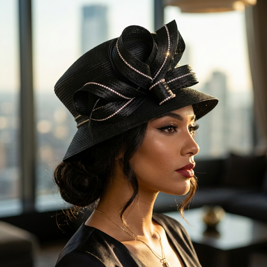 Woman wearing a black hat with a large bow indoors