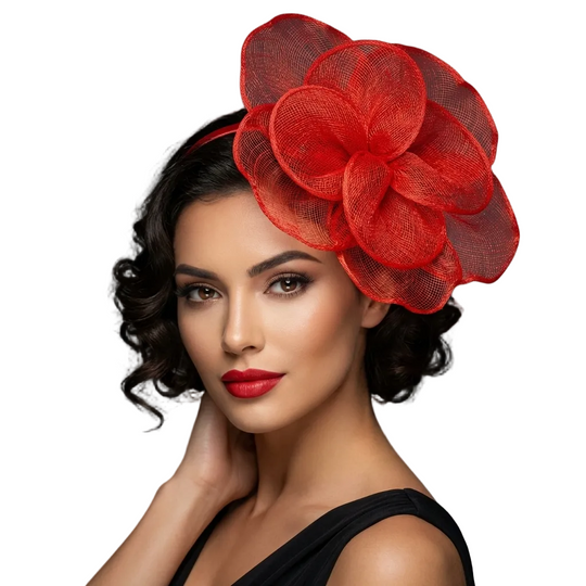 Woman wearing a large red flower headpiece against a dark background