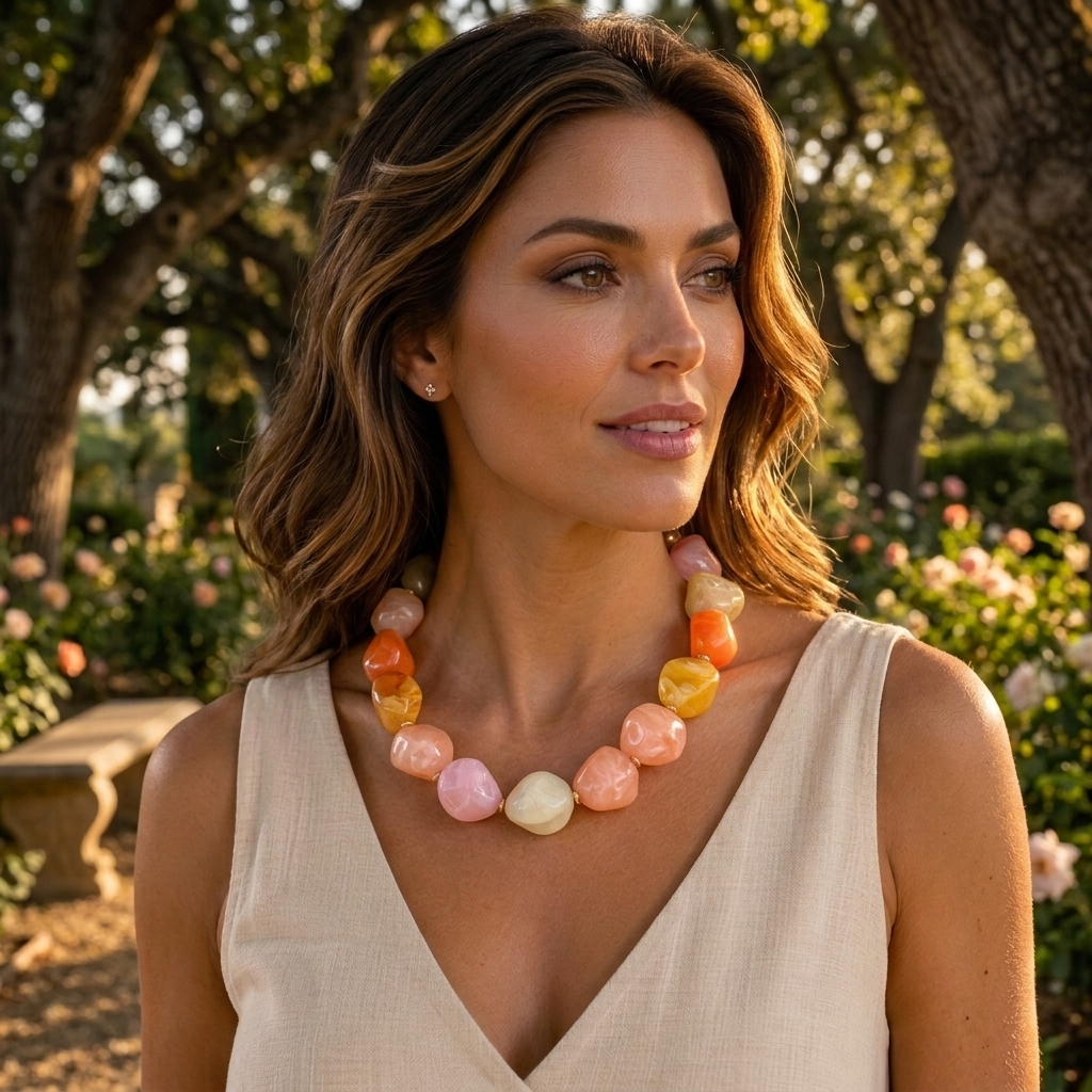 Woman wearing a colorful necklace outdoors with trees and flowers in the background