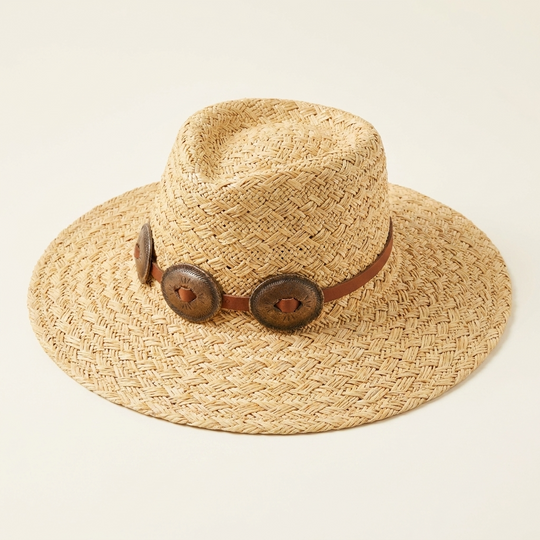 Straw hat with a brown button band on a beige background