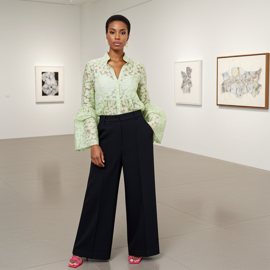 Woman in a light green blouse and black pants standing in an art gallery.