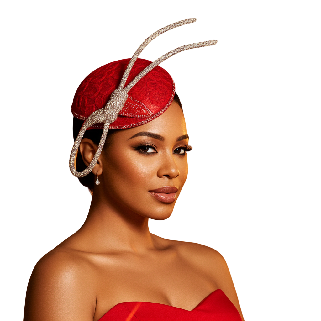 Woman wearing a red dress and matching hat with decorative elements on an orange background