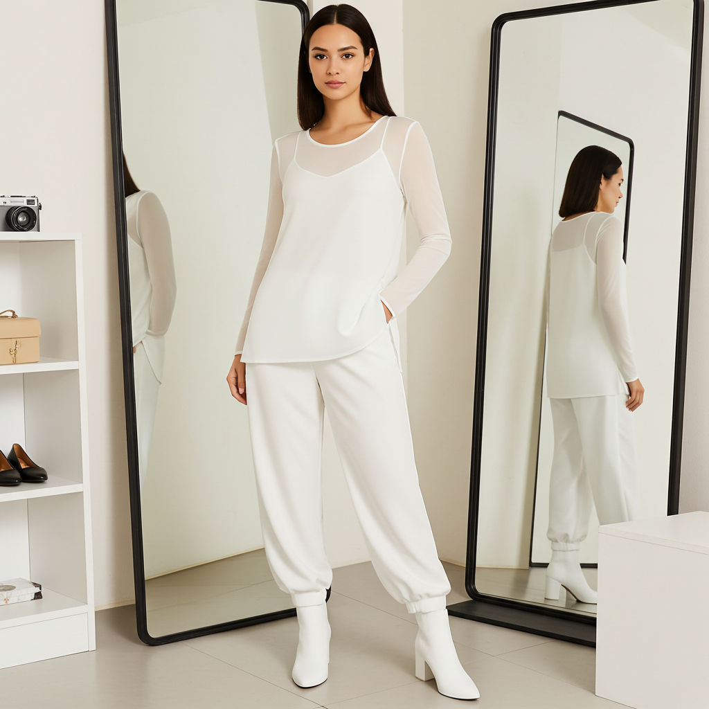 Woman in a white outfit standing in front of a mirror in a minimalistic room.