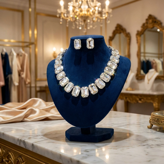 Crystal Octagon Cut Collar Necklace Set: Crystal