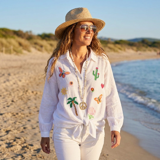 White Embroidered Motif Gauze Cotton Oversized Shirt - One Size
