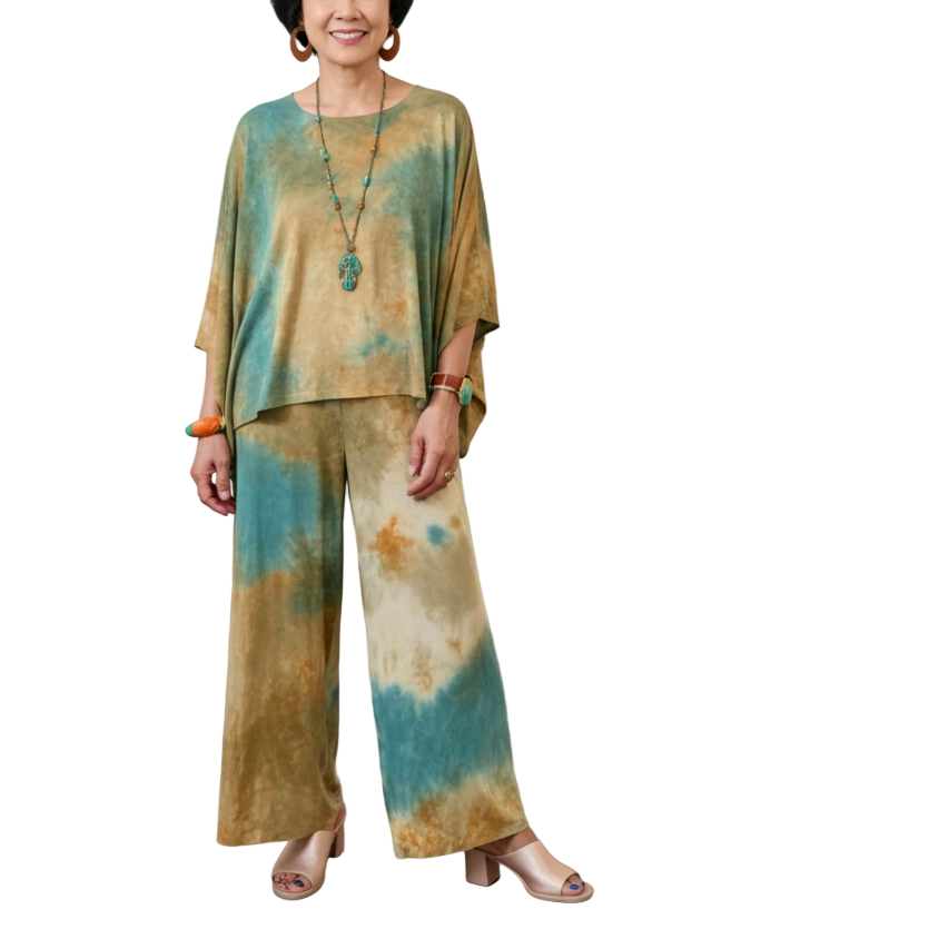 Woman in a tie-dye outfit standing in an art gallery with paintings on the walls.