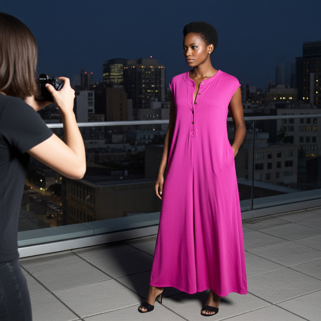 Wide Leg Button-up Loose Fit Solid Knit Jumpsuit: Fuchsia