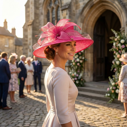 Hot Pink Sinamay Ribbon Flower Wide Brim Hat: Fuchsia