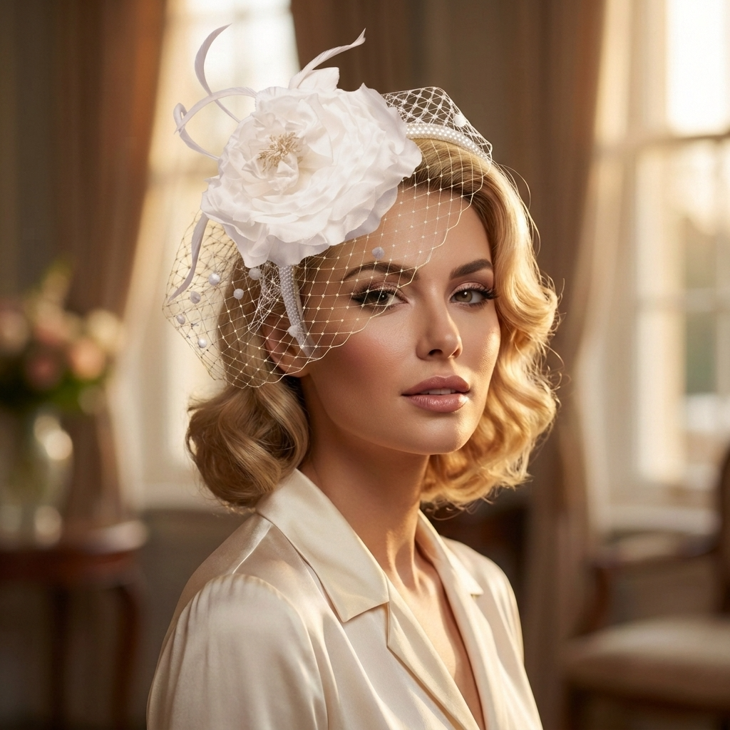 Haarschmuck Fascinator aus Seidenblumen und Schleier: Eisblau