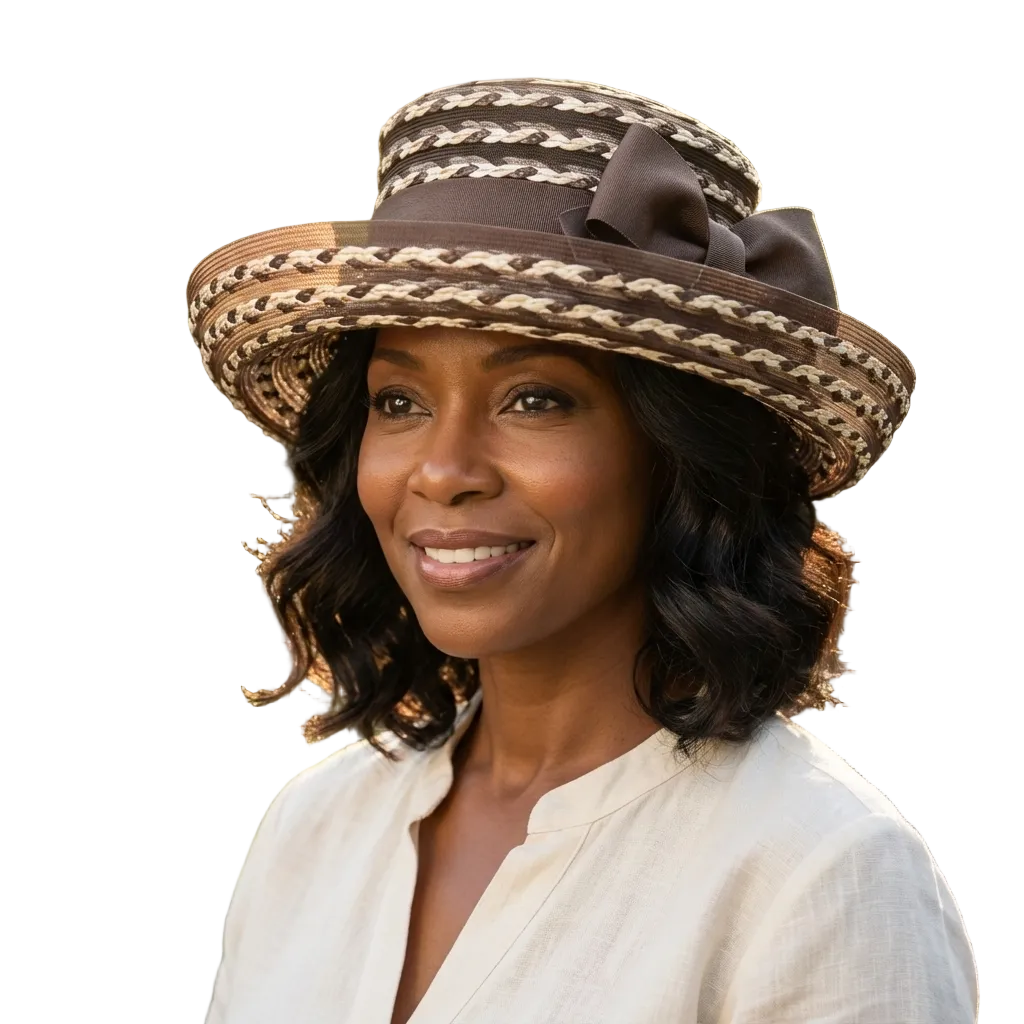 Woman wearing a wide-brimmed hat with a bow outdoors