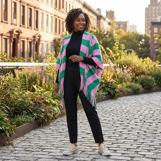 Woman wearing a green and pink striped shawl in an urban garden setting