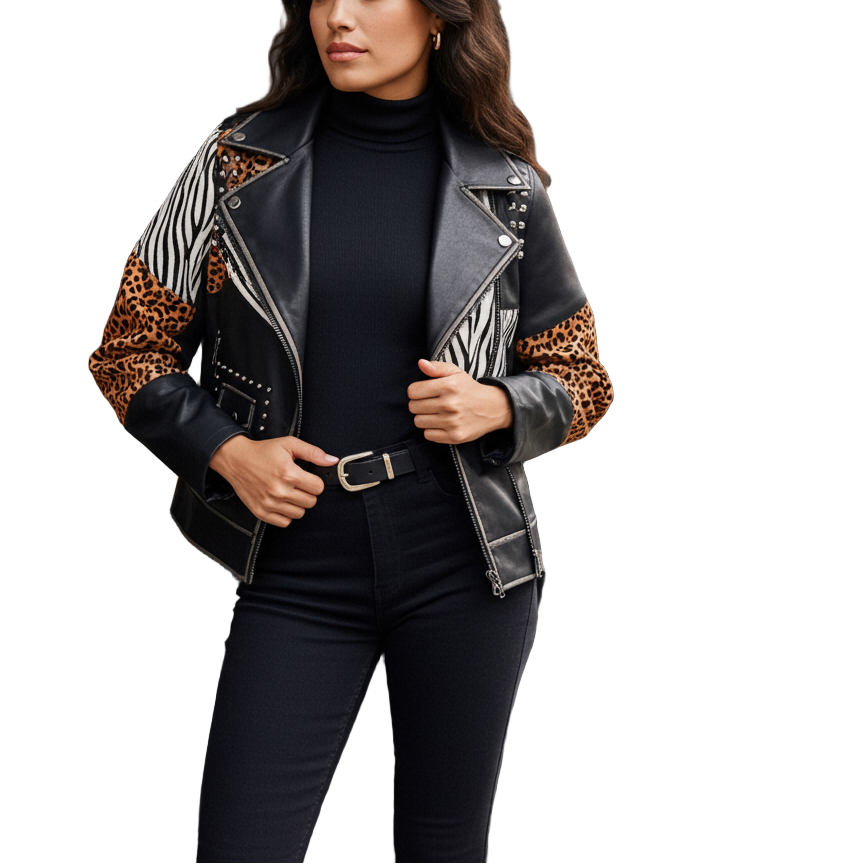 Woman in a stylish outfit standing in an outdoor cafe setting