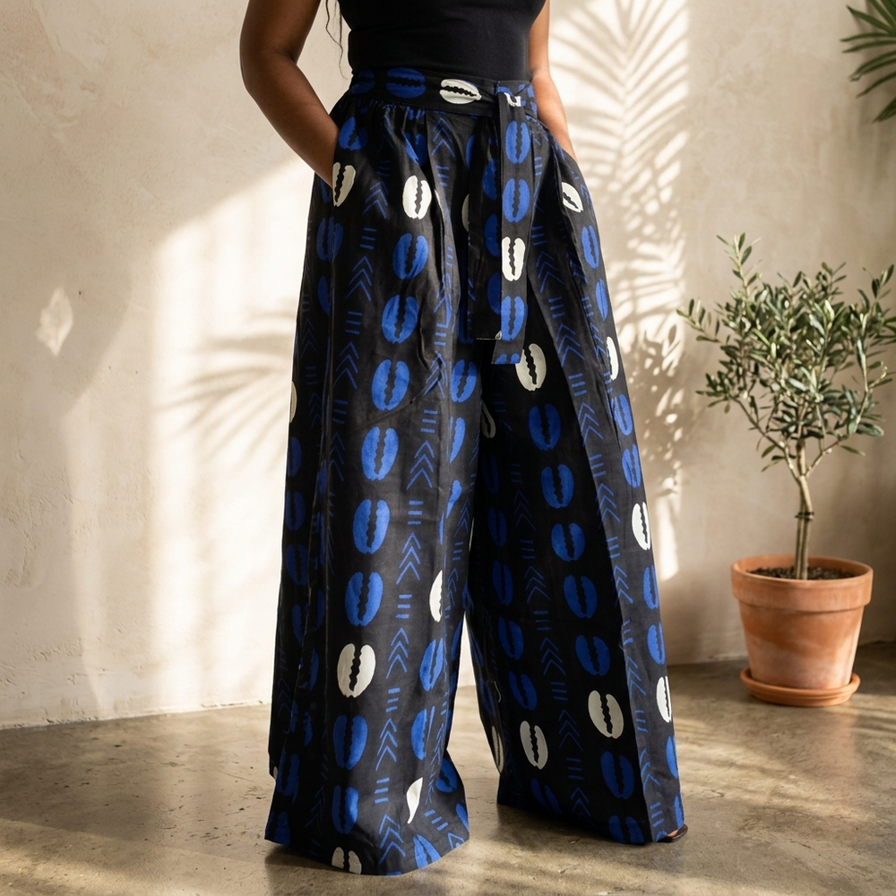 African Shell Print Palazzo Pants – Blue Multitone