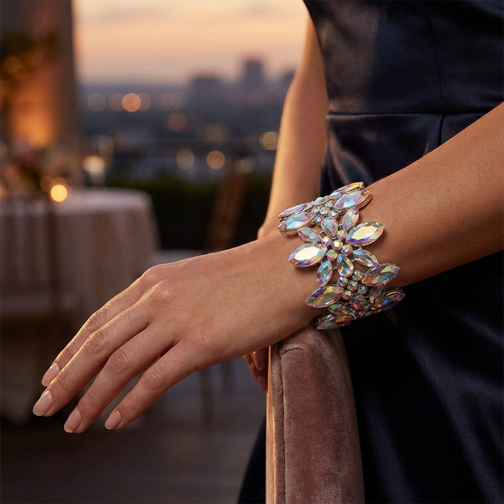 Marquise Crystal Flower Stretch Bracelet – Rhodium Statement Bracelet