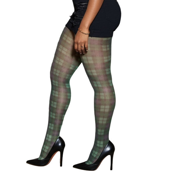 Green & Pink Plaid Printed Tights – front view with sneakers and plaid design