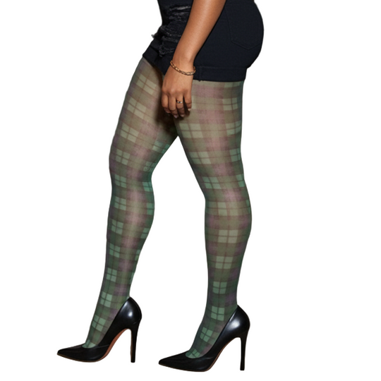 Green & Pink Plaid Printed Tights – front view with sneakers and plaid design