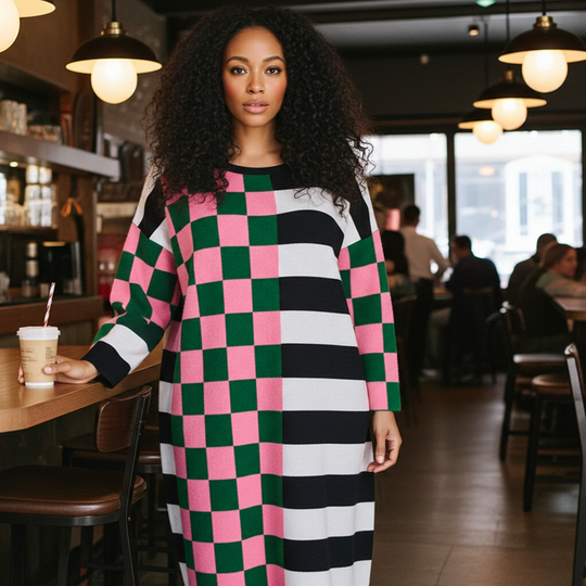Woman in a colorful dress standing in a cafe