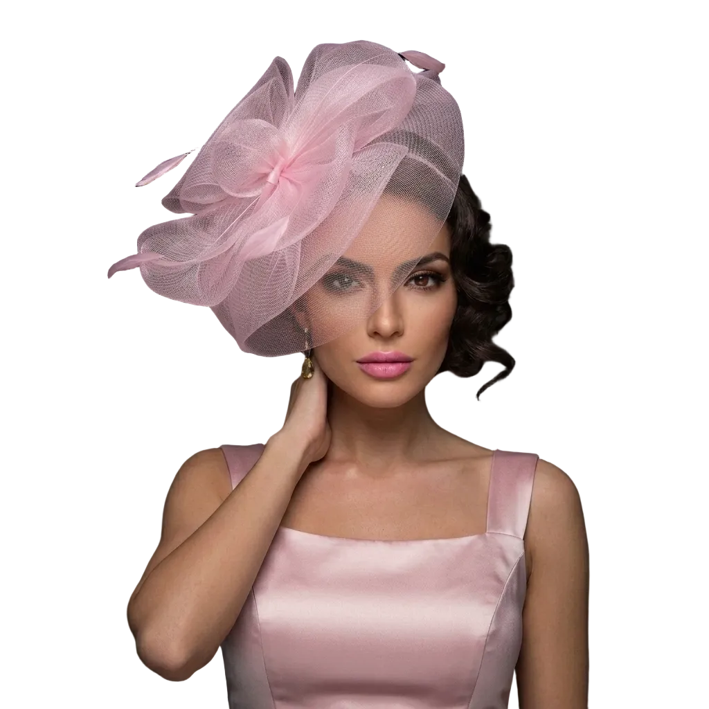 Woman wearing a pink dress and matching headpiece against a black background