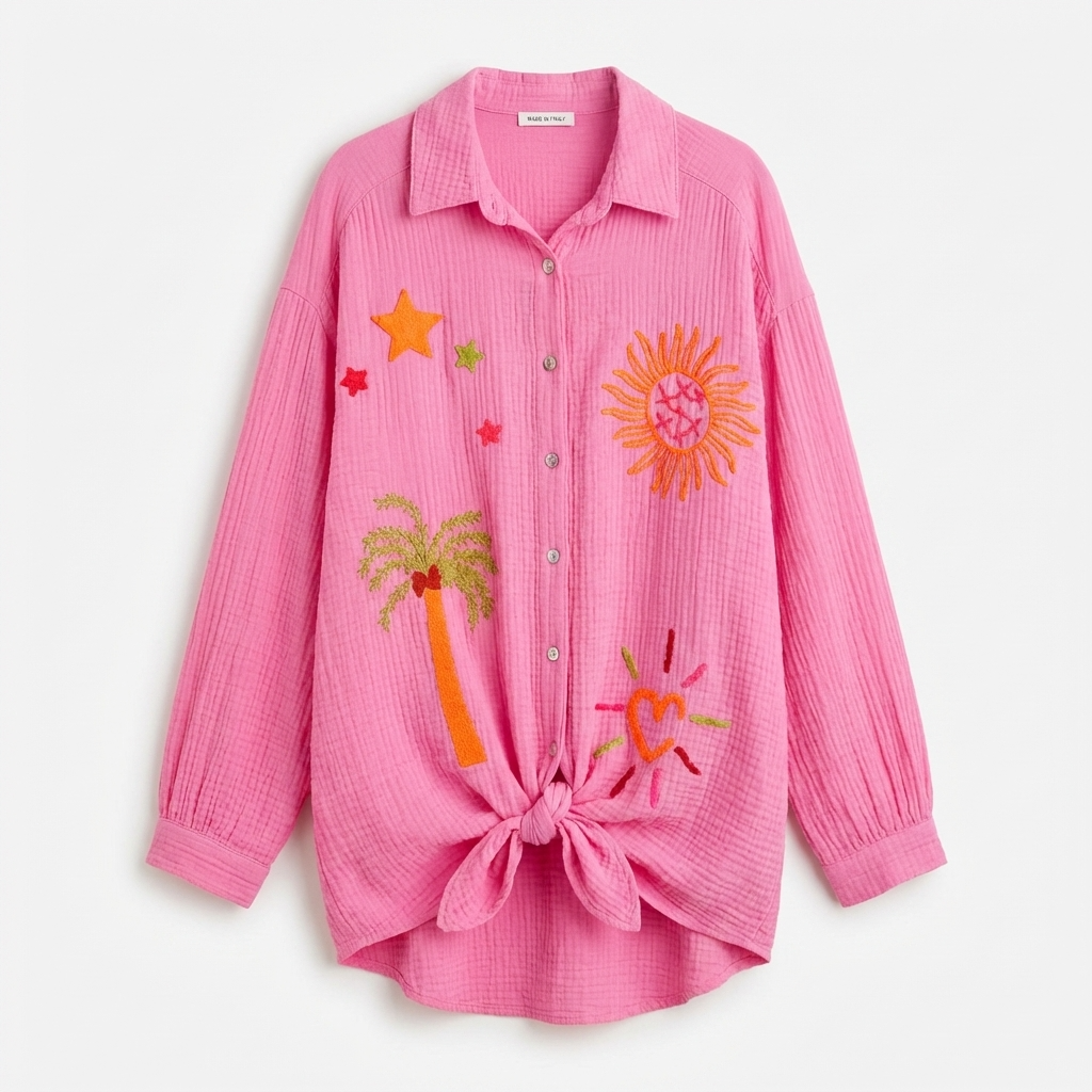 Pink shirt with colorful graphics on a white background