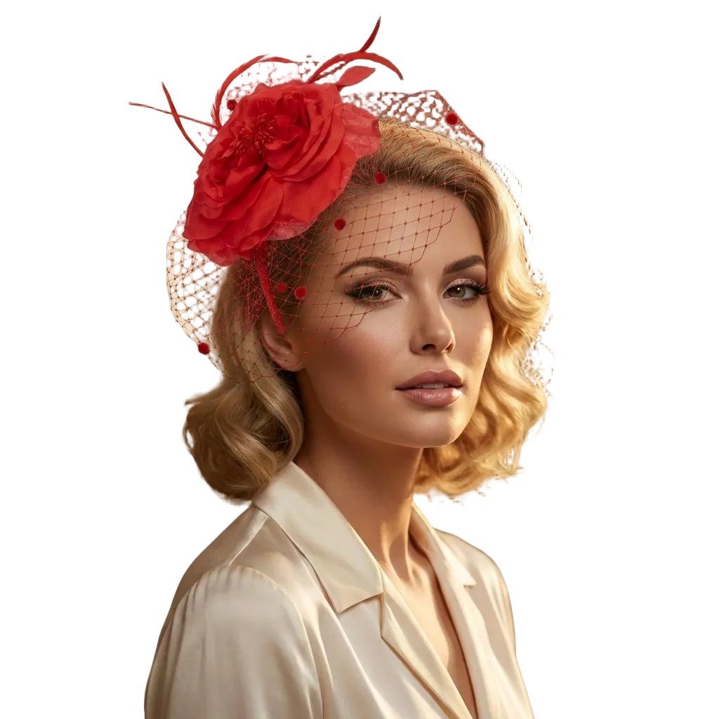 Woman wearing a red floral headpiece in an indoor setting