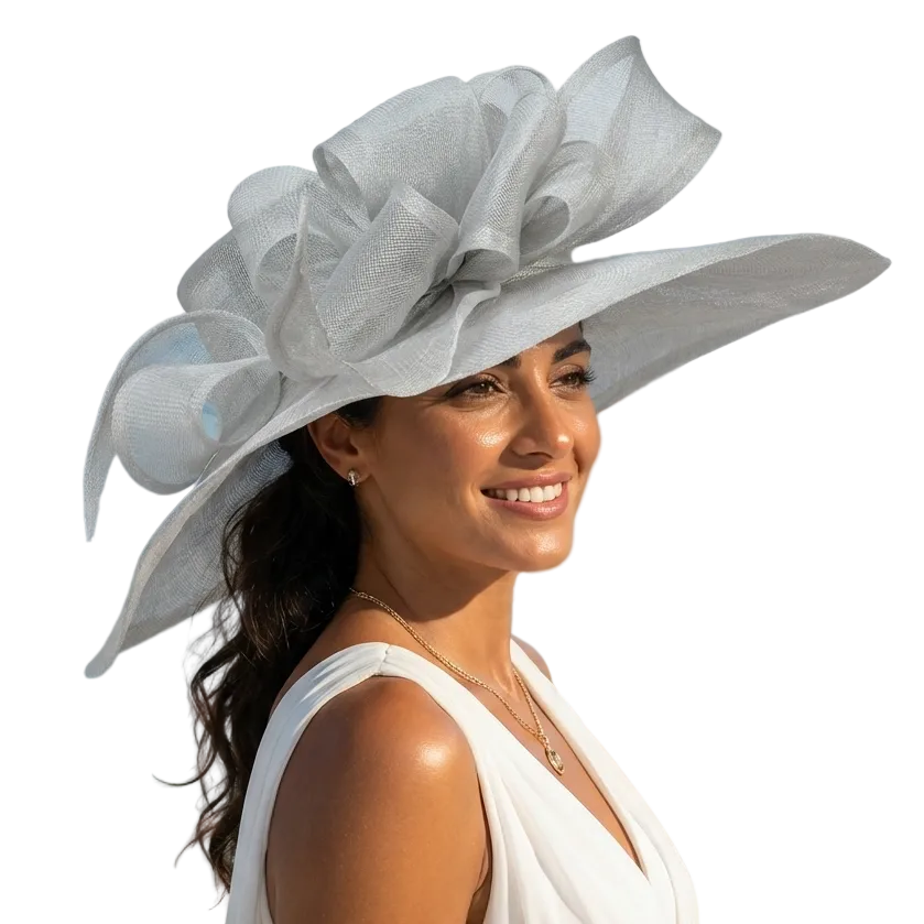 Woman wearing a large decorative hat with a scenic ocean view in the background