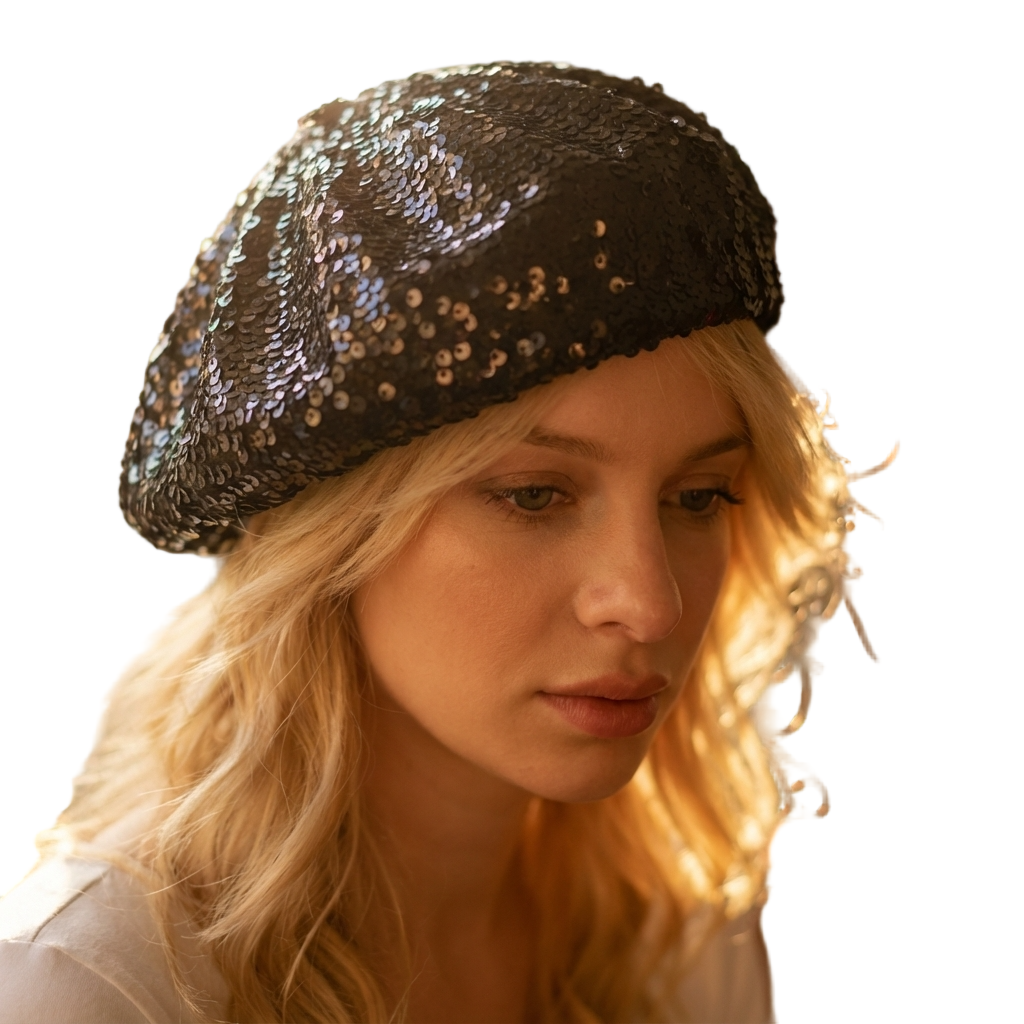 Woman wearing a black sequined beret indoors