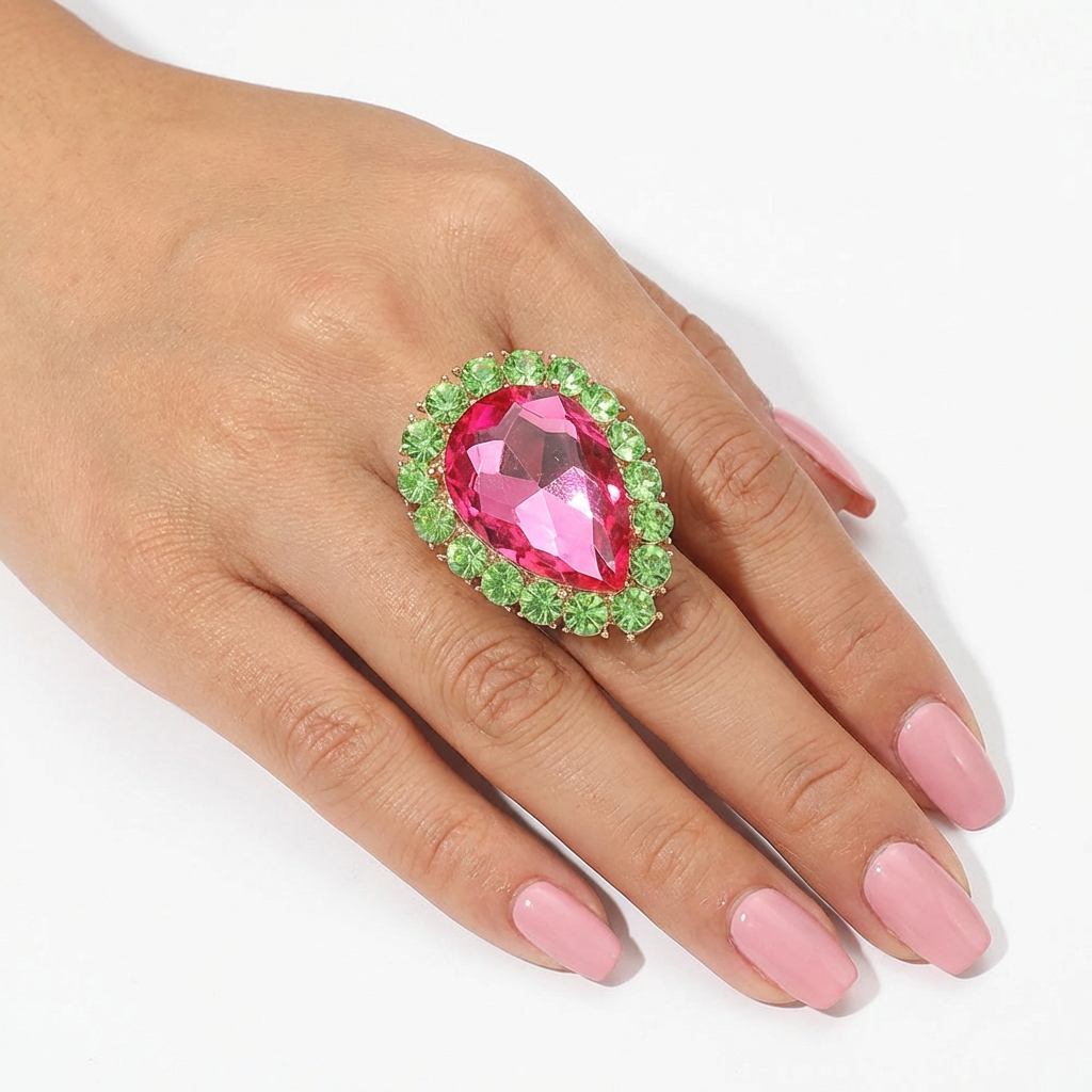 Ring with pink gemstone and green accents on a hand with pink nail polish against a white background