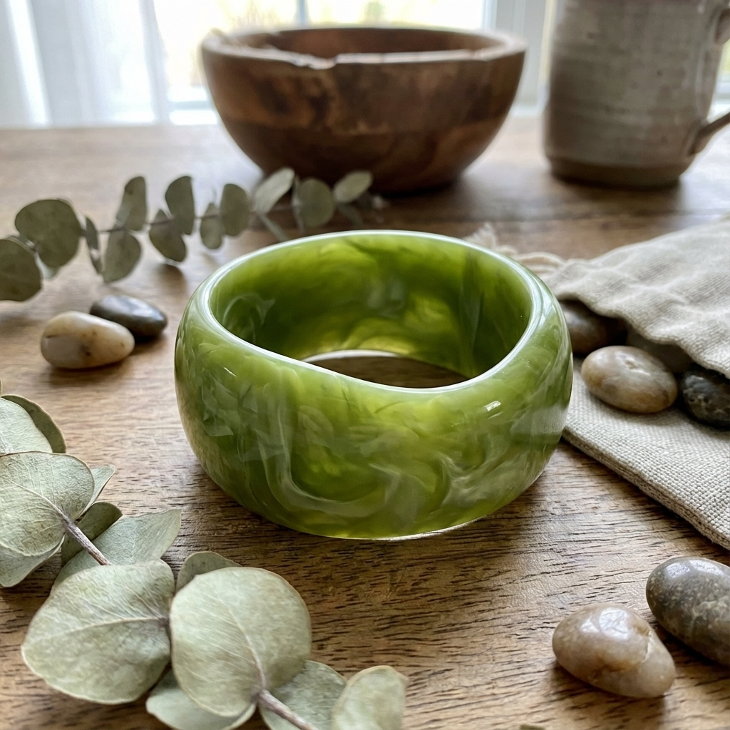 Green marbled bracelet on a wooden surface with eucalyptus leaves and stones.
