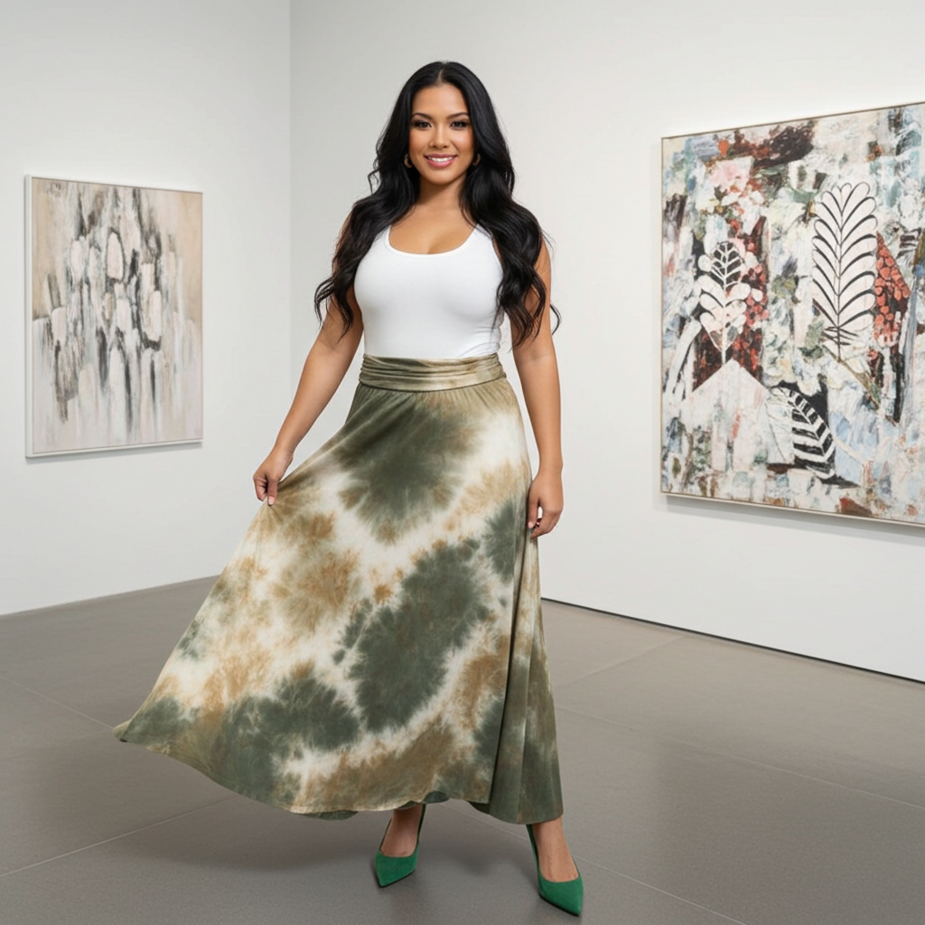 Woman wearing a white top and green tie-dye skirt standing in an art gallery.