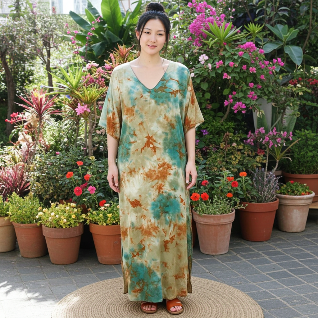 Woman in a patterned dress standing in a garden with potted plants and flowers.