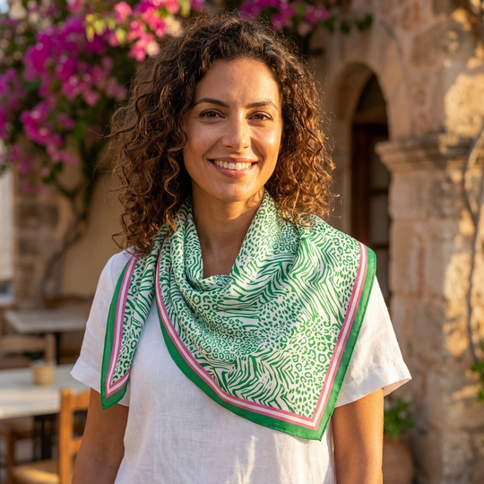 Woman wearing a green patterned scarf outdoors with stone building and flowers in the background
