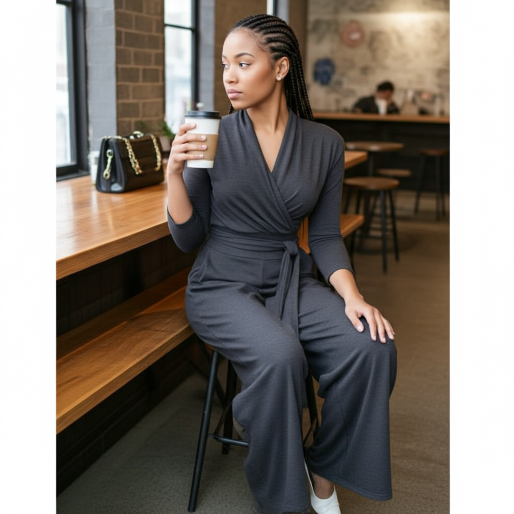 Woman in a gray jumpsuit sitting at a cafe holding a coffee cup.