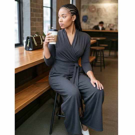 Woman in a gray jumpsuit sitting at a cafe holding a coffee cup.