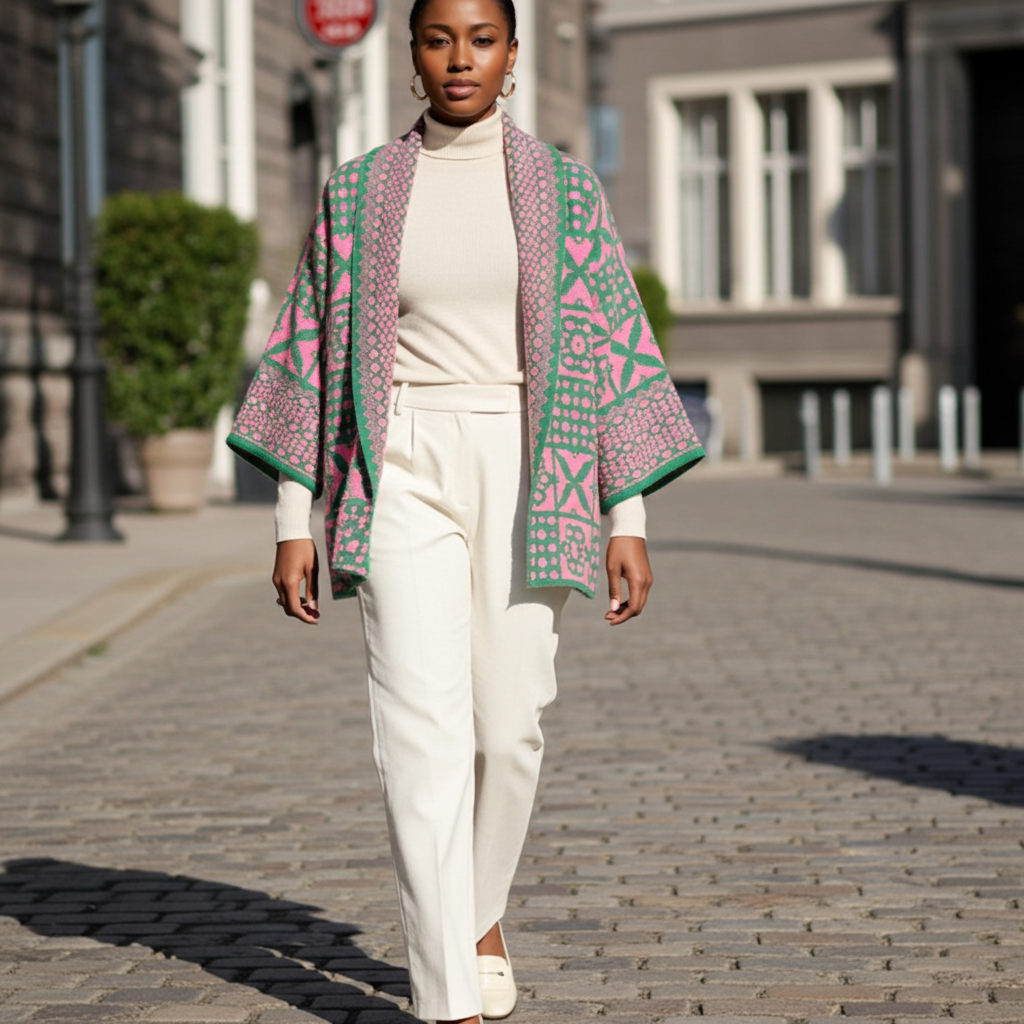 Cárdigan de punto con estampado de azulejos rosas y verdes