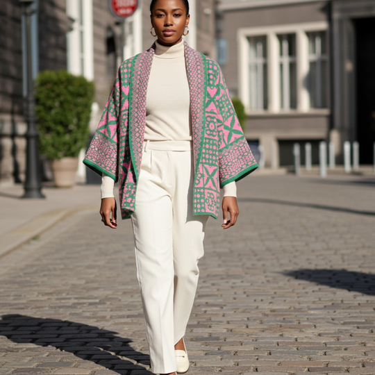 Cárdigan de punto con estampado de azulejos rosas y verdes