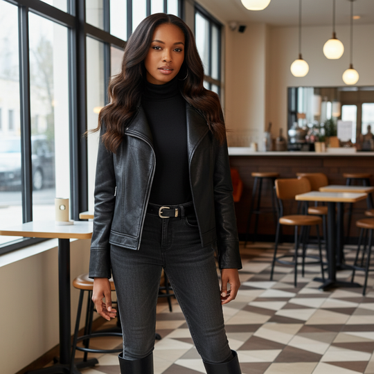 Woman in a leather jacket standing in a cafe with large windows and checkered floor.