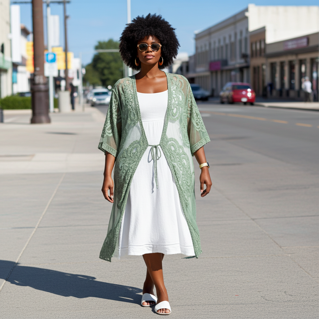 Woman wearing a green patterned kimono over a white dress on a city street.