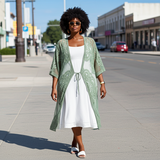 Woman wearing a green patterned kimono over a white dress on a city street.