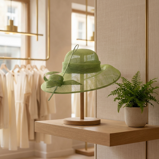 Green Asymmetric Brim Sinamay Hat with Ribbon Detail