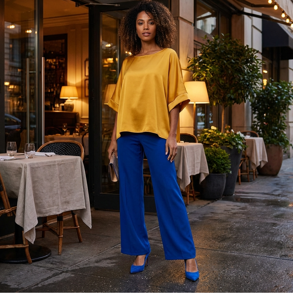 Woman in yellow top and blue pants standing on a city street with restaurants in the background
