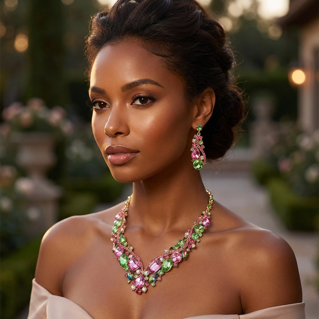 Woman wearing a luxurious gemstone necklace and earrings outdoors.