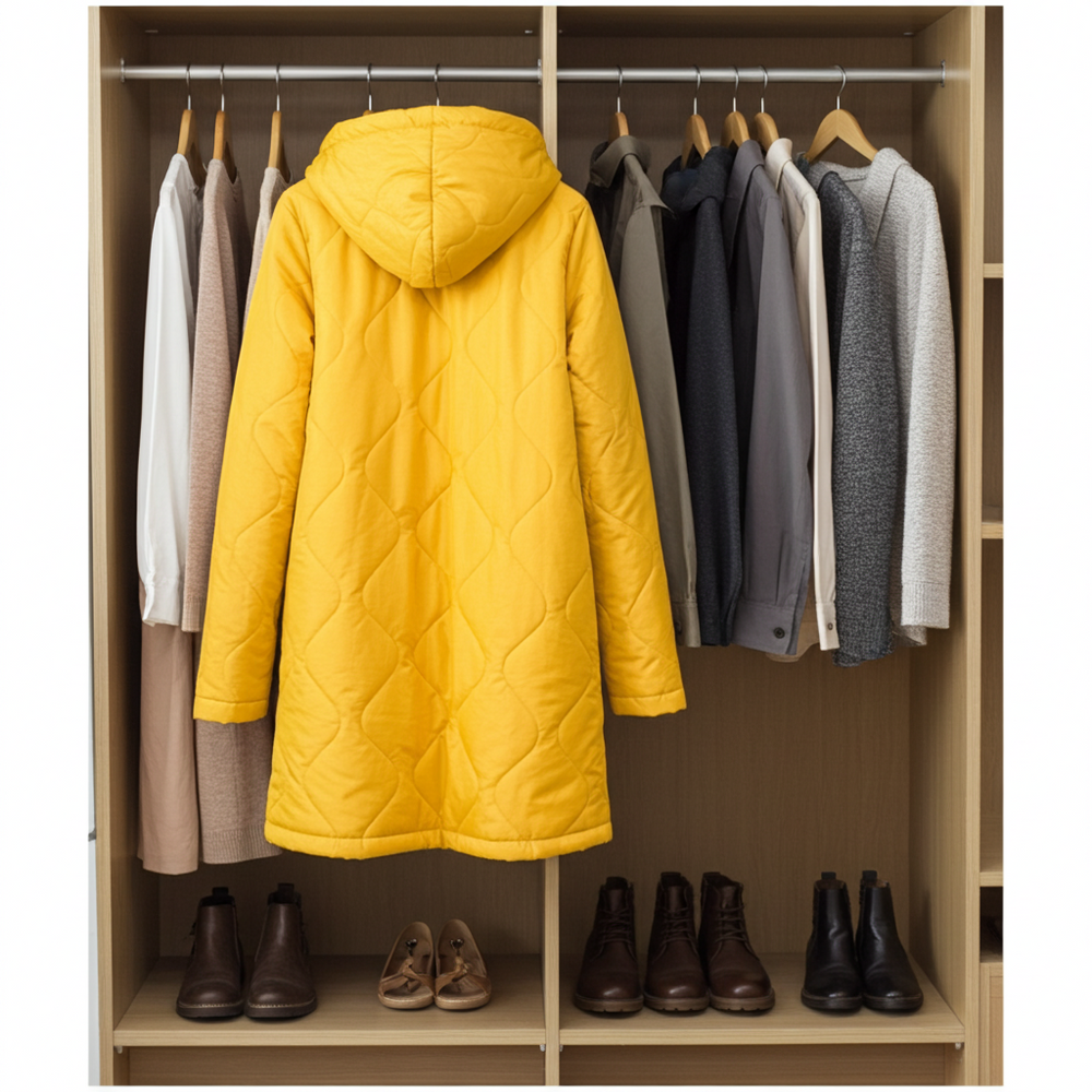Yellow quilted coat hanging in a wardrobe with other clothing and shoes.