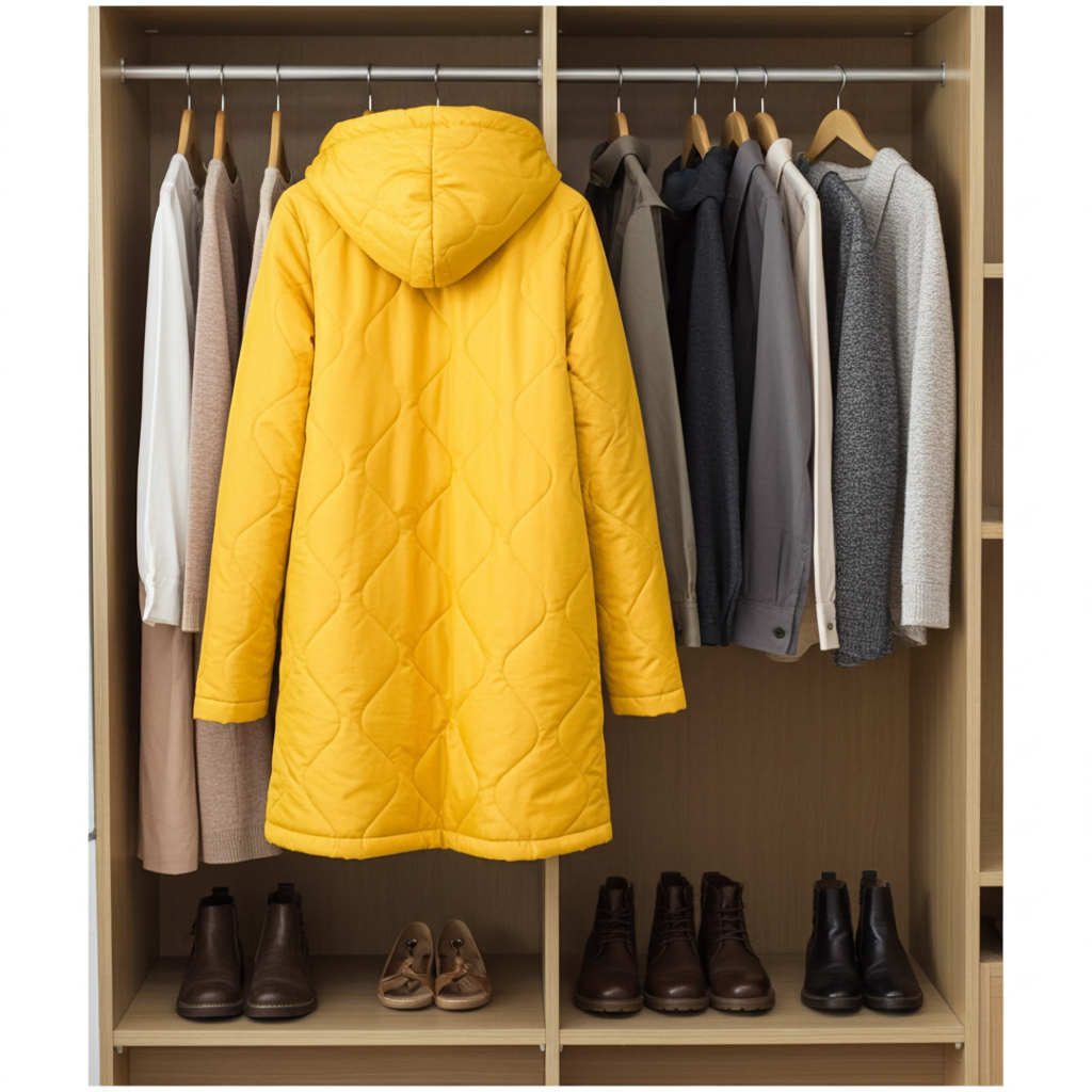 Yellow quilted coat hanging in a wardrobe with other clothing and shoes.