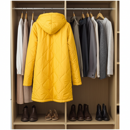 Yellow quilted coat hanging in a wardrobe with other clothing and shoes.