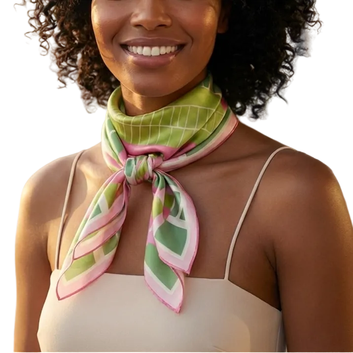 Woman wearing a colorful scarf on a balcony with a cityscape background