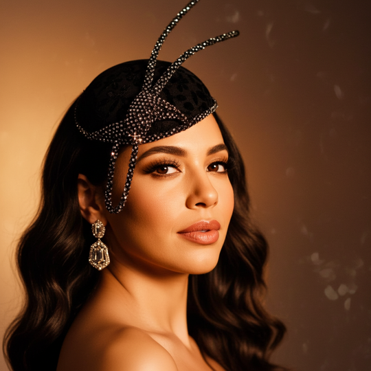 Lace Cover Sinamay Lavished Fascinator w/ Rhinestone Sticks - Black