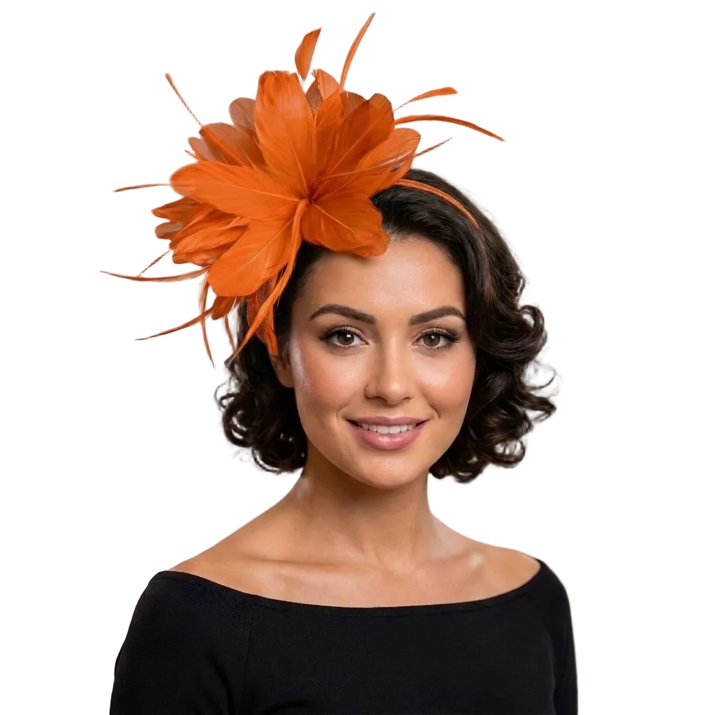 Woman wearing an orange feathered headpiece in a room with clothing in the background